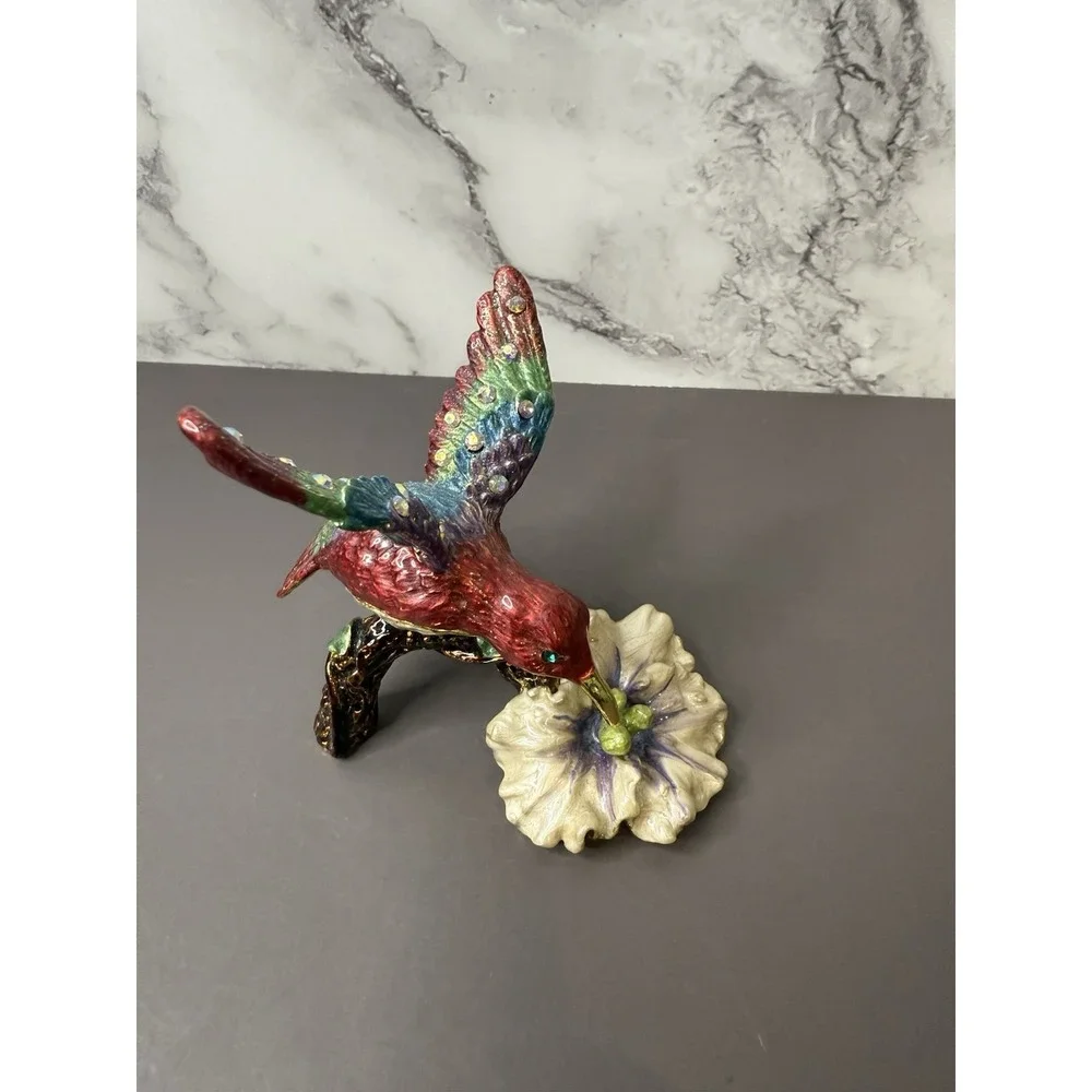 Beautiful Rare Hinged Hummingbird Shiny Jeweled Trinket Box W/Magnetic Clasp